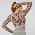 Top Running Fitness Women Camo Mesh Custom Logo Long Sleeve Seamless Sports Yoga Top